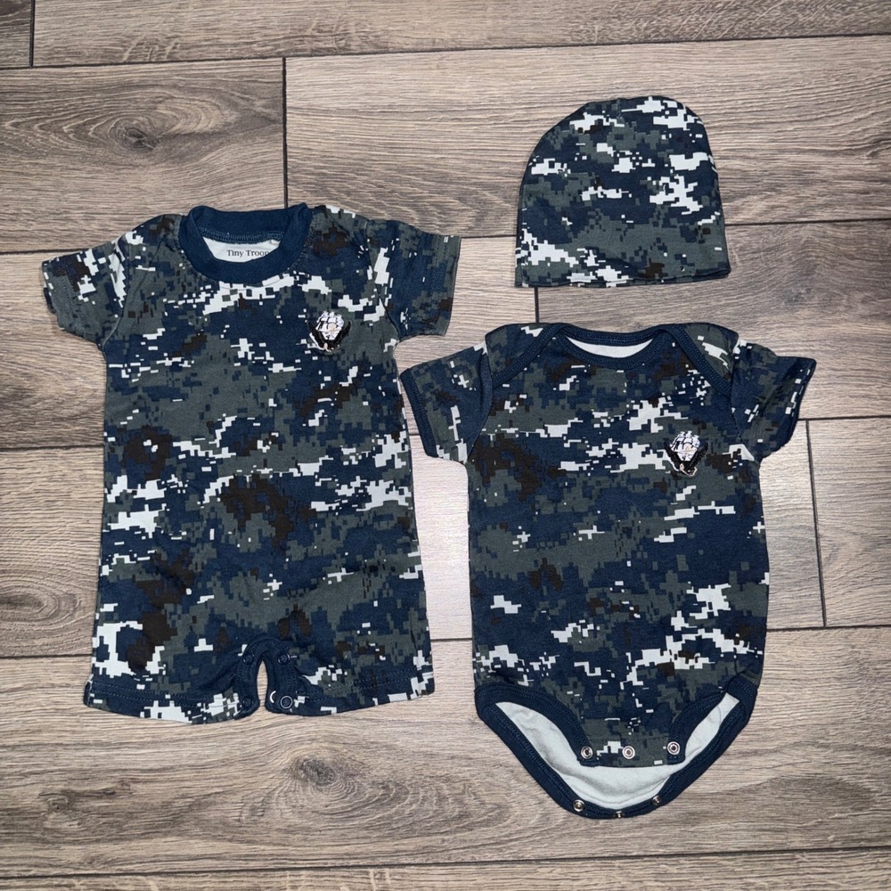 Tiny Trooper Baby Navy Digital Camo Romper Bodysuit Beanie 3 Piece Bundle Set